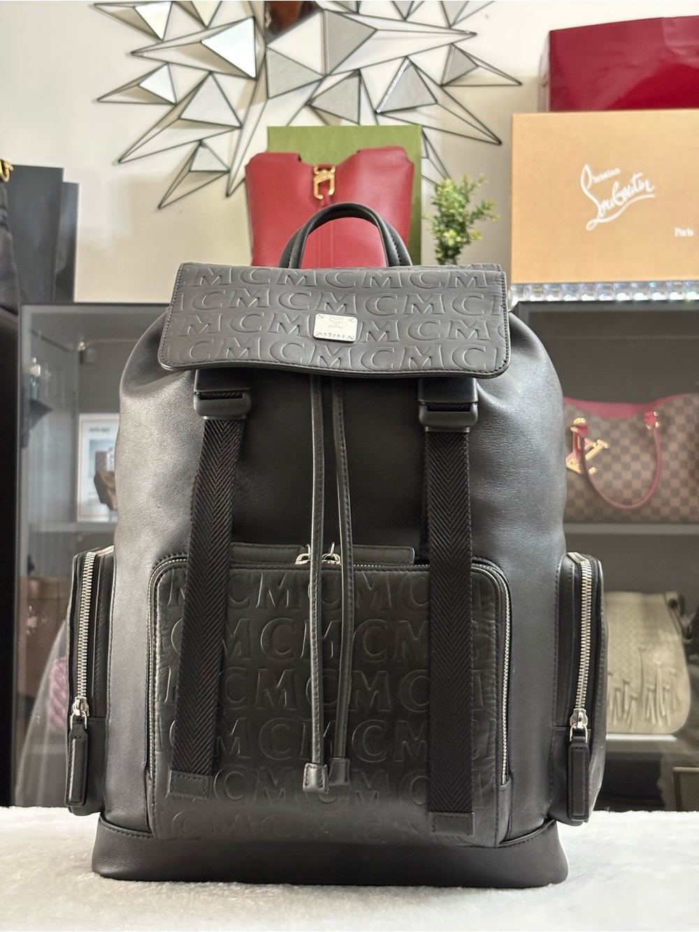 MCM Men Brandenburg Large Monogram All-Leather Backpack — Black Military Style.